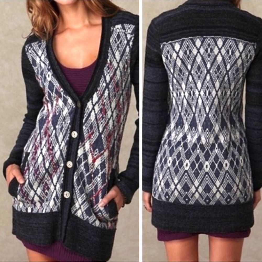 Free People Foxtrot button front wool Cardigan grandpa Navy Multi